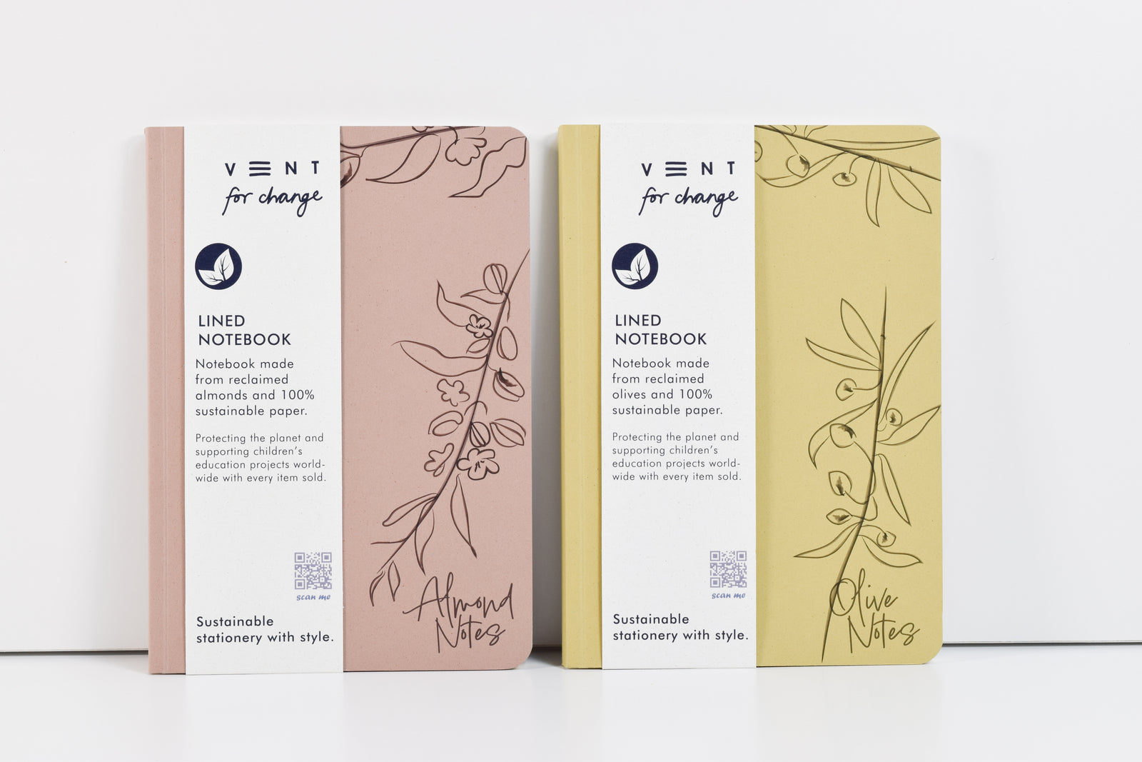 Environotes A5 Lined Notebook - side by side olive and almond notes leaning against a white background by Vent For Change