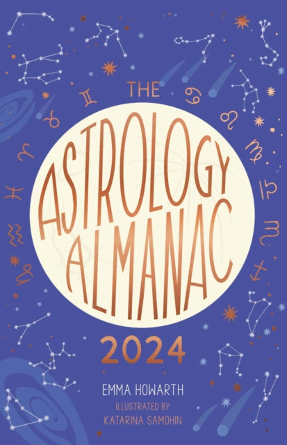 An image of the astrology almanac 2024 front cover. It has a large cream circle in the middle of a dark blue night sky background. The circle has the book make inside and the background is designed with constellations.