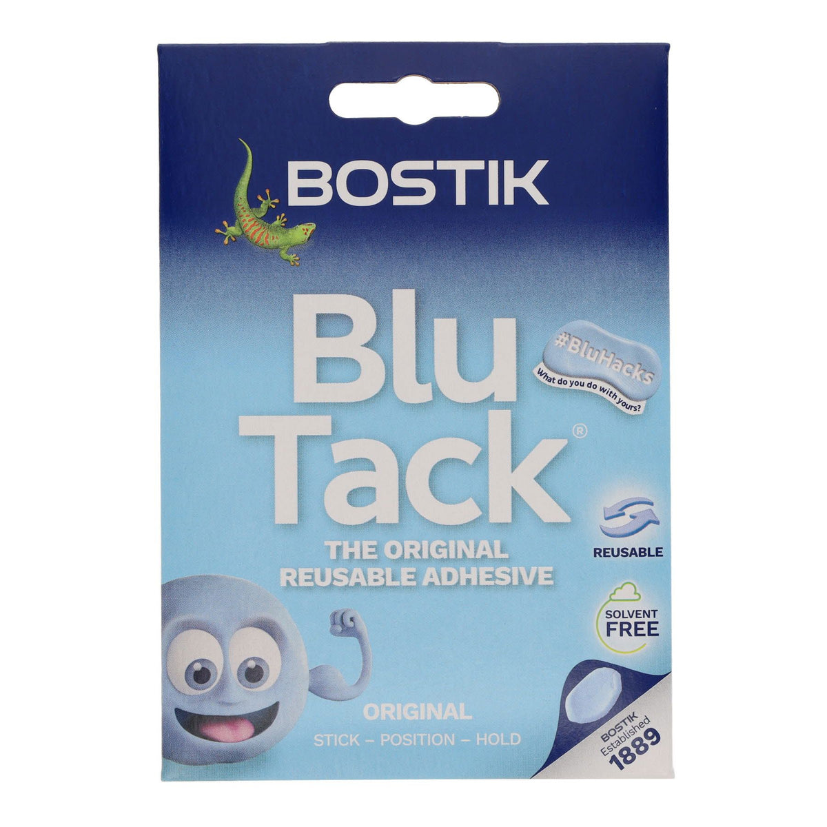 Bostik Blu Tack Original Reusable Adhesive packaging, featuring a blue gradient background with a cartoon gecko and a blue adhesive stick illustration.