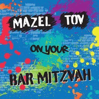 This Jewish greetings card has a blue faux-brickwork style background with paint platters in various primary colours. Written in block capitals in black and white on the wall it says 'Mazel Tov on your Bar Mitzvah'.