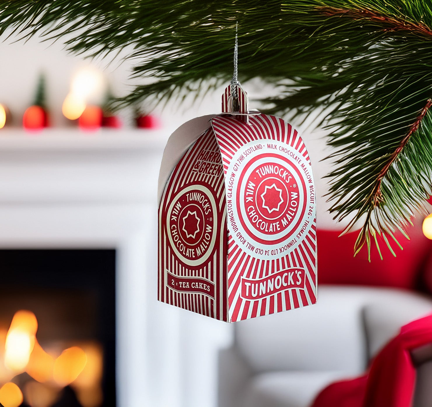 Tunnock's Tea Cake Christmas Bauble by penny black - hanging from christmas tree