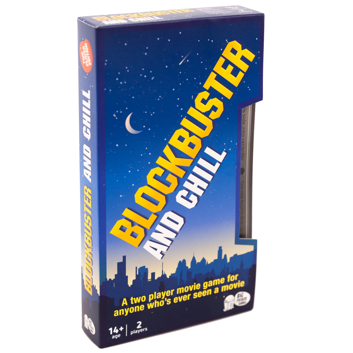 A board game packaged in a VHS tape sleeve. The sleeve shows a nighttime city skyline and big yellow block capitals saying &#39;BLOCKBUSTER AND CHILL&#39;. Below this is smaller writing stating &#39;a two player movie game for anyone who&#39;s ever seen a movie&#39;.