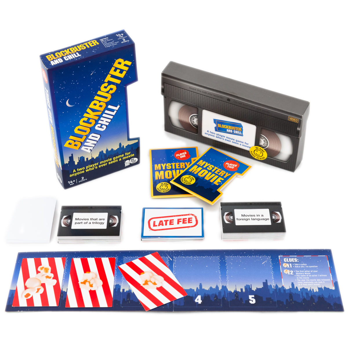 An image showing the contents of this boardgame box in the style and theme of a VHS videotape/movies. 