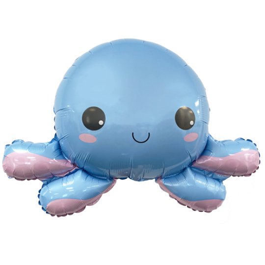 Image is of a foil balloon in the shape of an octopus.  The balloon is blue in colour with some pink on the bottom.  The octopus has four tentacles visible, two large eyes, blushed cheeks and a smile. 