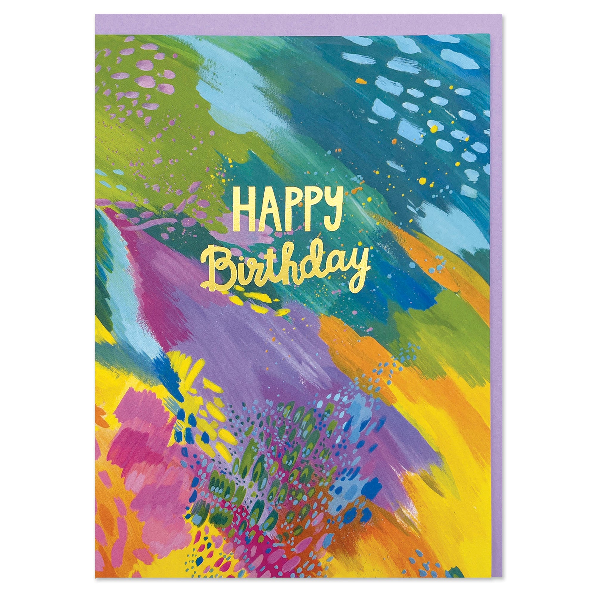A colourful abstract painted greetings card to celebrate a birthday. The writing in the centre of the card is gold foil cursive writing stating 'Happy Birthday'.