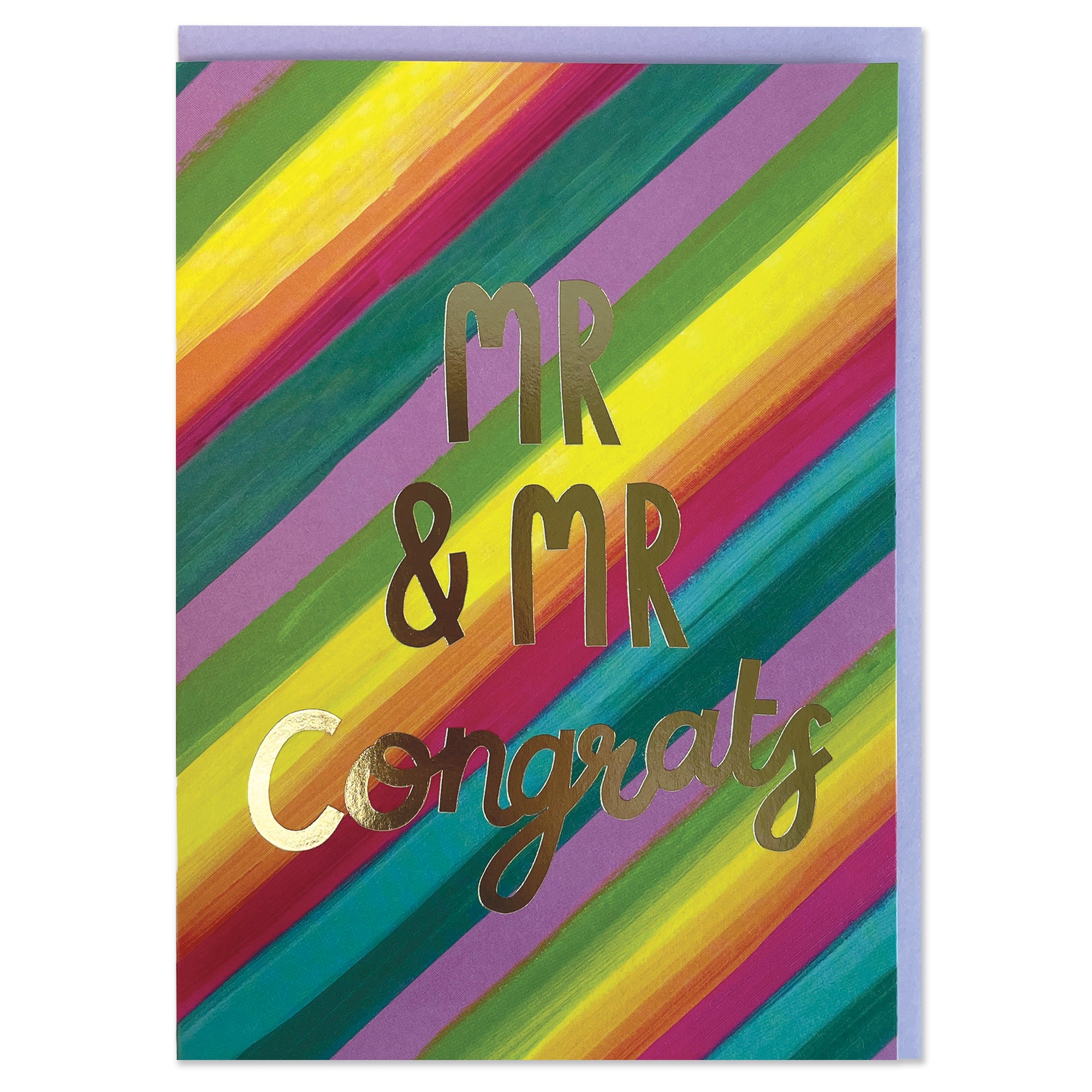 A colourful rainbow stripe greetings card to celebrate a wedding. The rainbow stripes are diagonal across the card and the writing in the centre of the card is big gold foil stating 'Mr & Mr Congrats'.