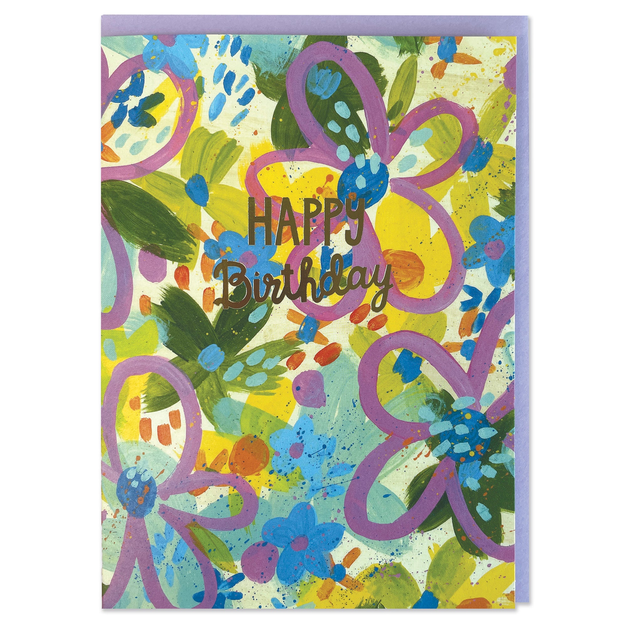 A colourful abstract painted floral greetings card to celebrate a birthday. The writing in the centre of the card is gold foil cursive writing stating 'Happy Birthday'.