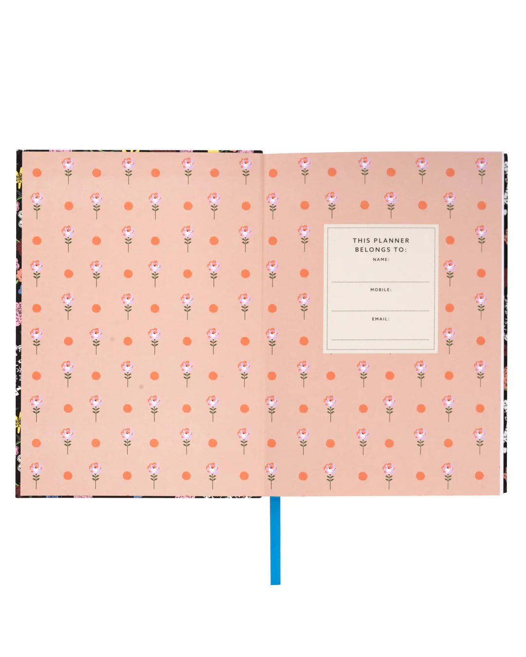 An image showing the first opened page of a planner. The main colour is light pink with geometrically placed peach spots and small flowers. The second page includes a boiler plate to include the owners name, mobile and email. A royal blue page marker ribbon is shown.