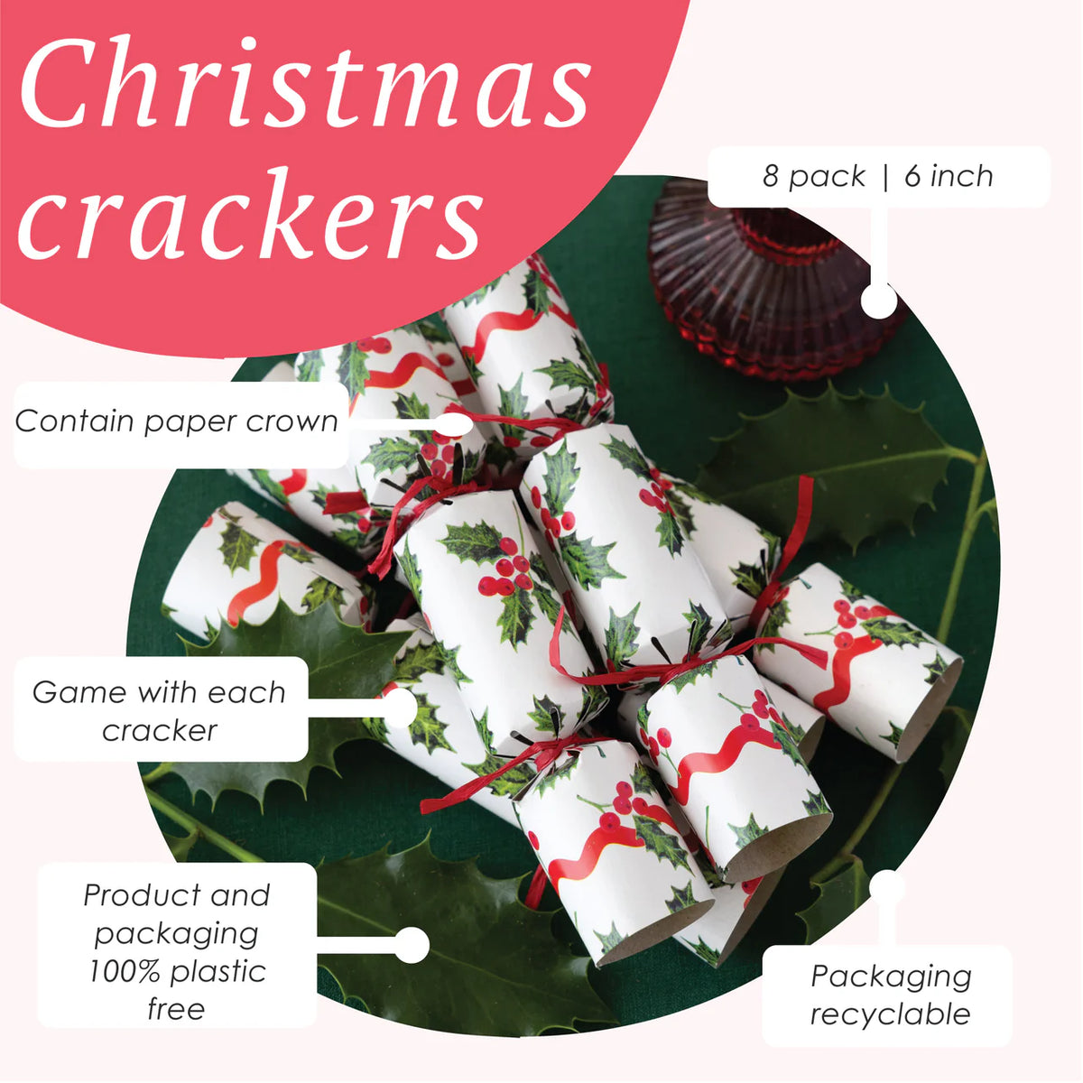 Botanical Holly White Mini Christmas Crackers 8 Pk By Penny Black