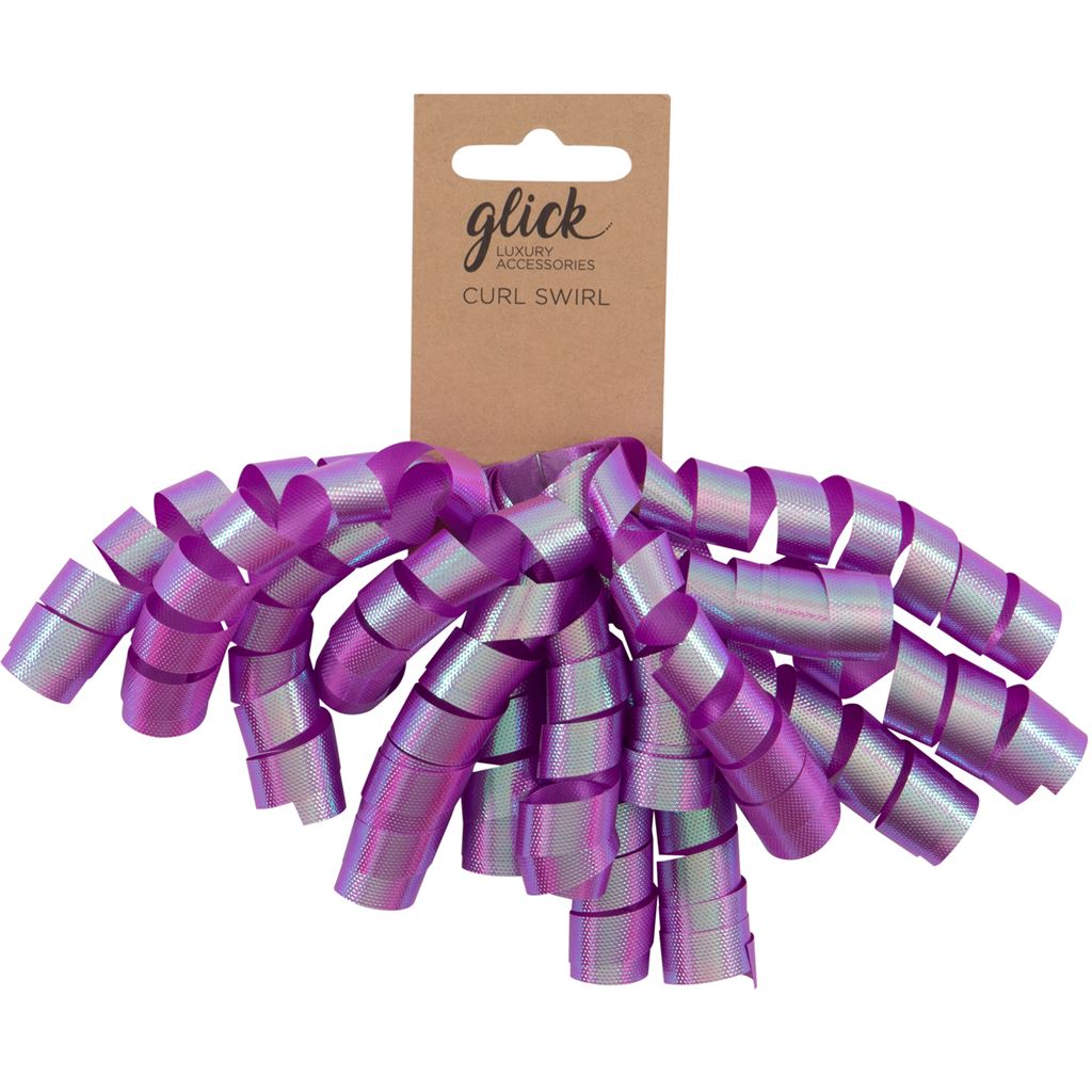 A curly ribbon made from a thin plastic on a cardboard retail eurohook. The colour of the ribbon is a medium iridescent purple.