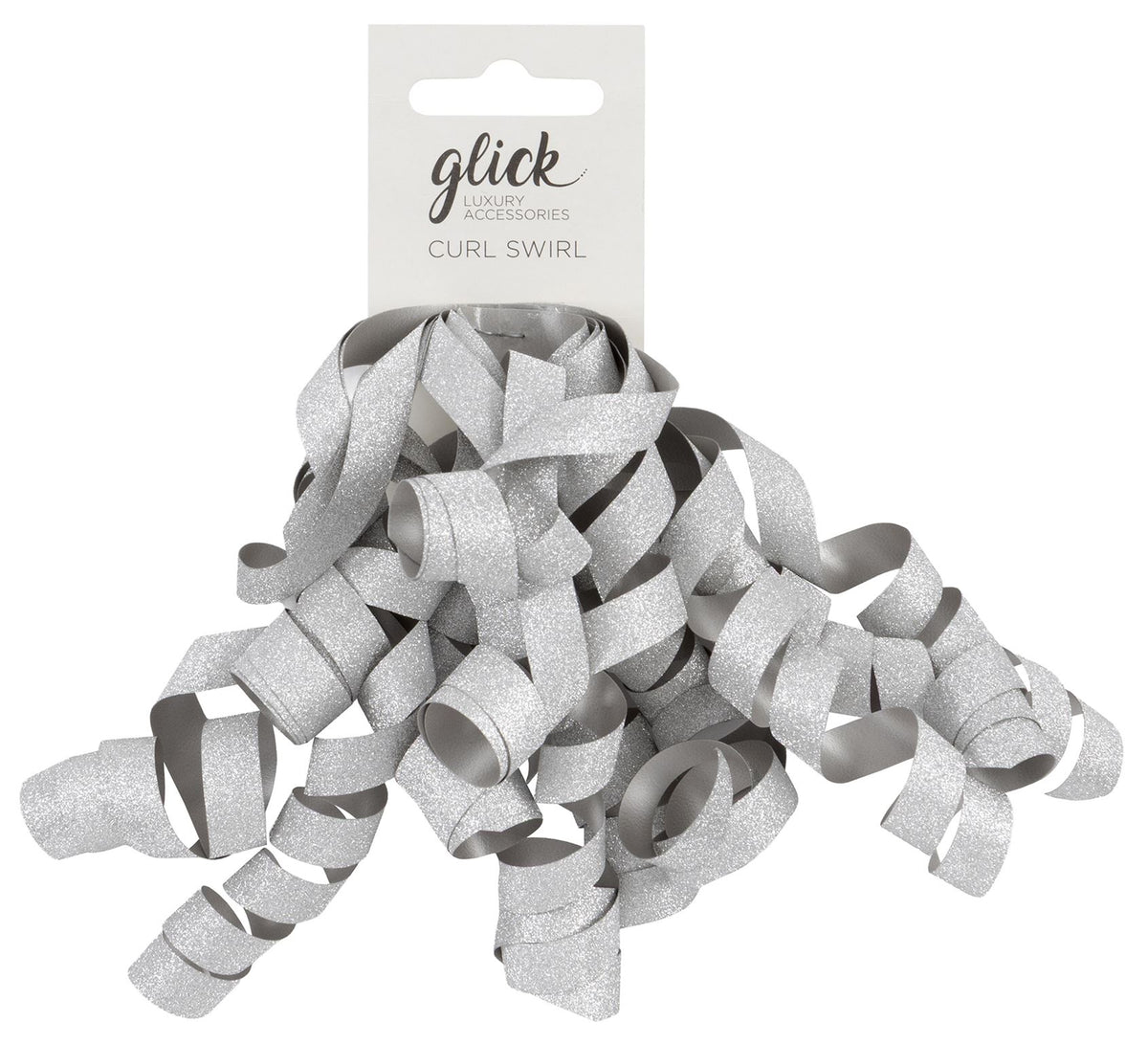 A curly ribbon made from a thin plastic on a cardboard retail eurohook. The colour of the ribbon is silver.