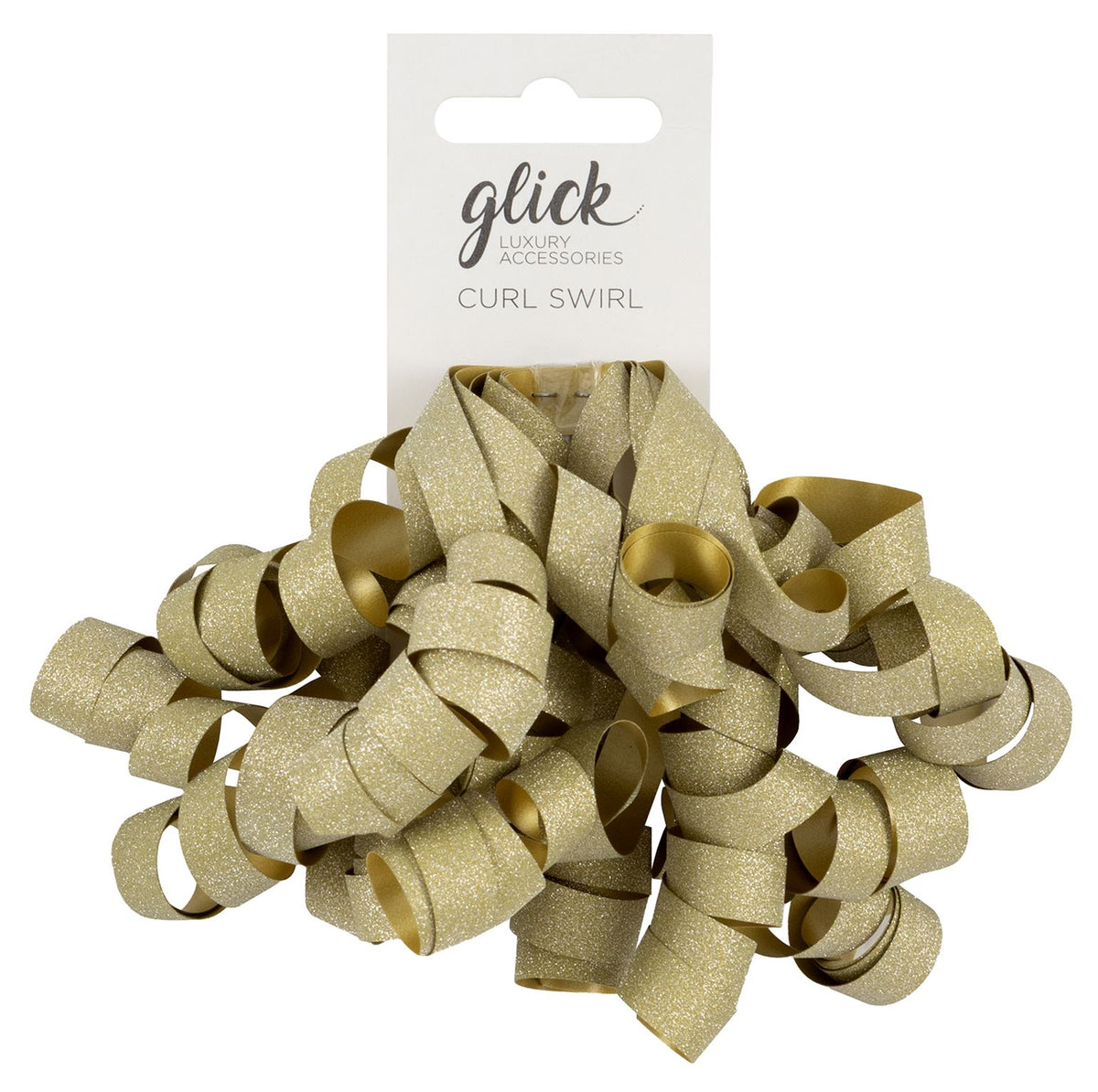 A curly ribbon made from a thin plastic on a cardboard retail eurohook. The colour of the ribbon is gold.