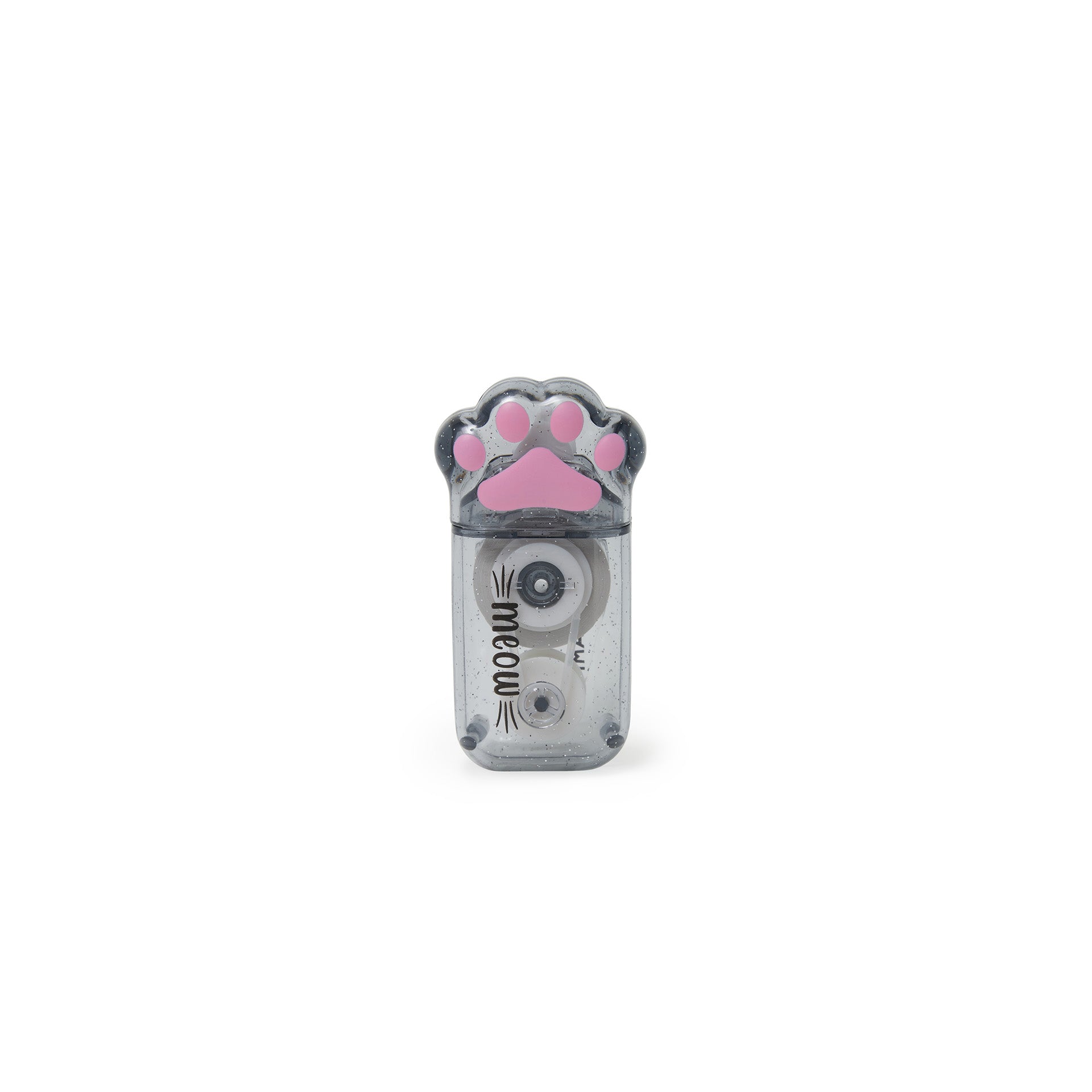 Correction tape in a case in the shape of a grey cats leg and paw. The dispenser is a grey glittery transparent style and the paw is pink.