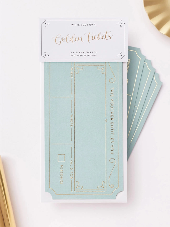Golden Ticket Christmas Gift Voucher 3 Pack showing sage green colour in packaging by penny black