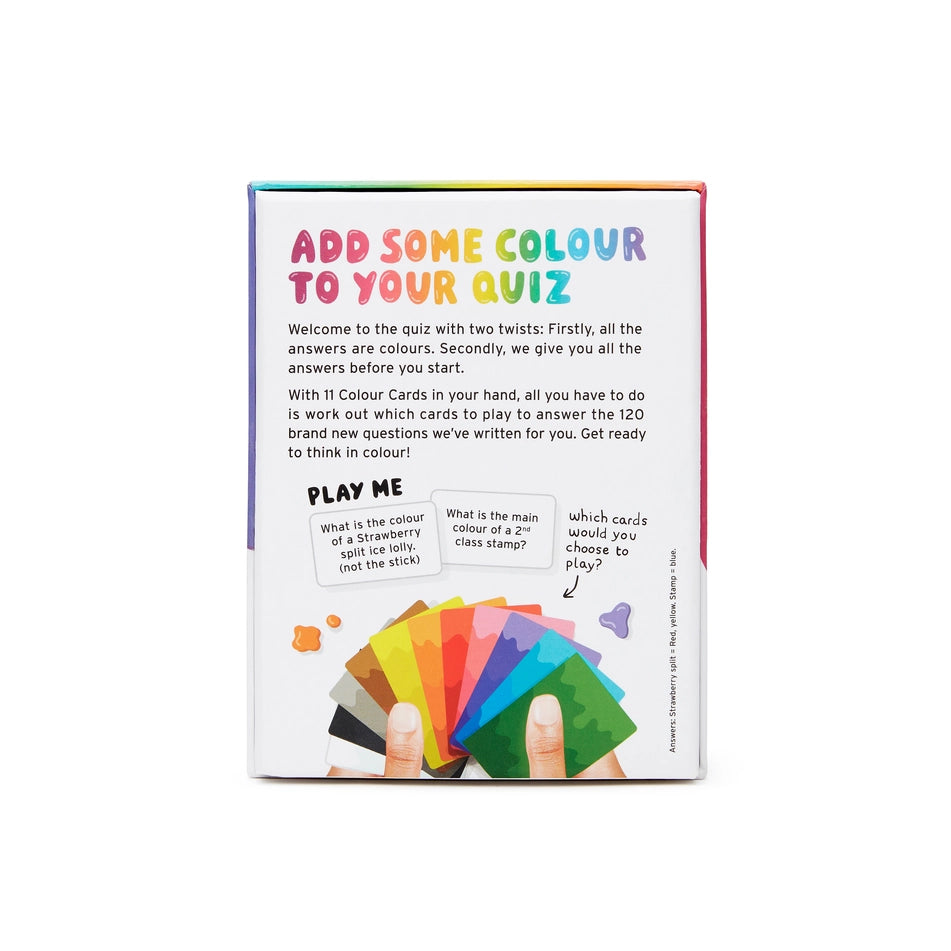 The back cover of the 'Add Some Colour to Your Quiz' Colourbrain card game box, featuring colourful text, a description of the game, and an illustration of a hand holding a fan of rainbow-coloured cards.