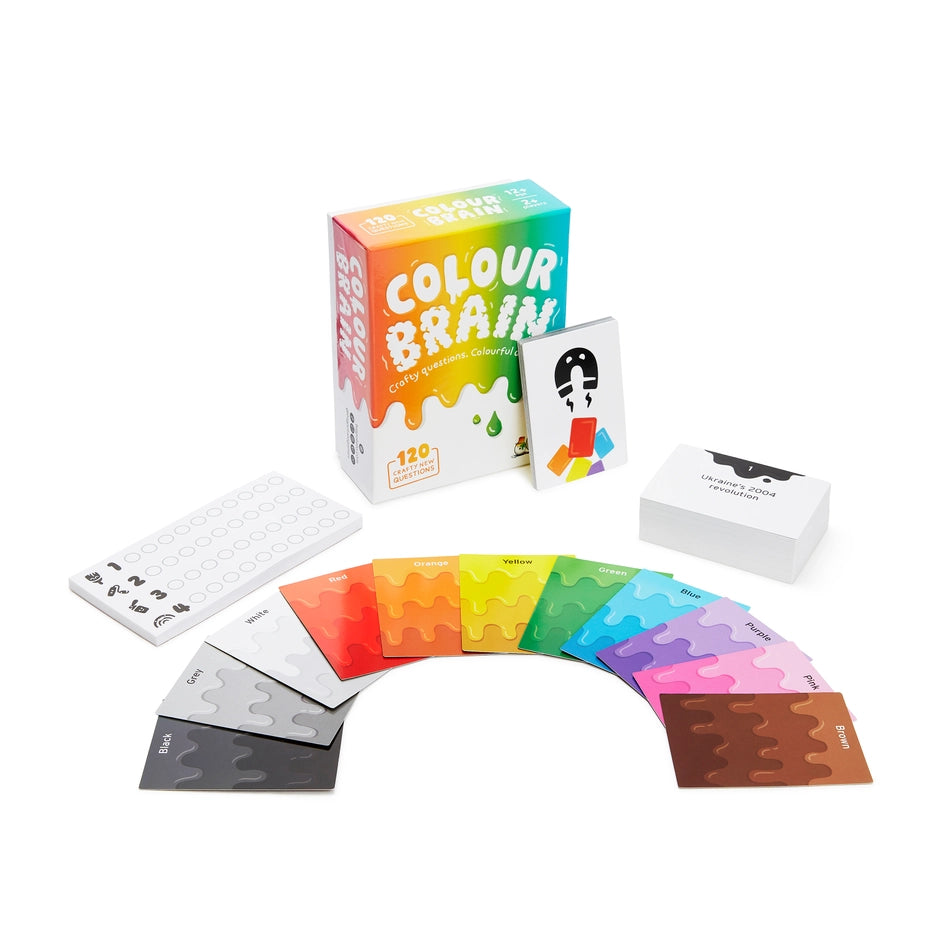Color Brain game components including cards and box on a white background