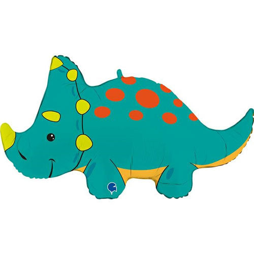 Image is of a large foil balloon shaped like a triceratops.  It is green in colour with red spots and yellow horns.  The triceratops is side facing and has eyes and a smile.