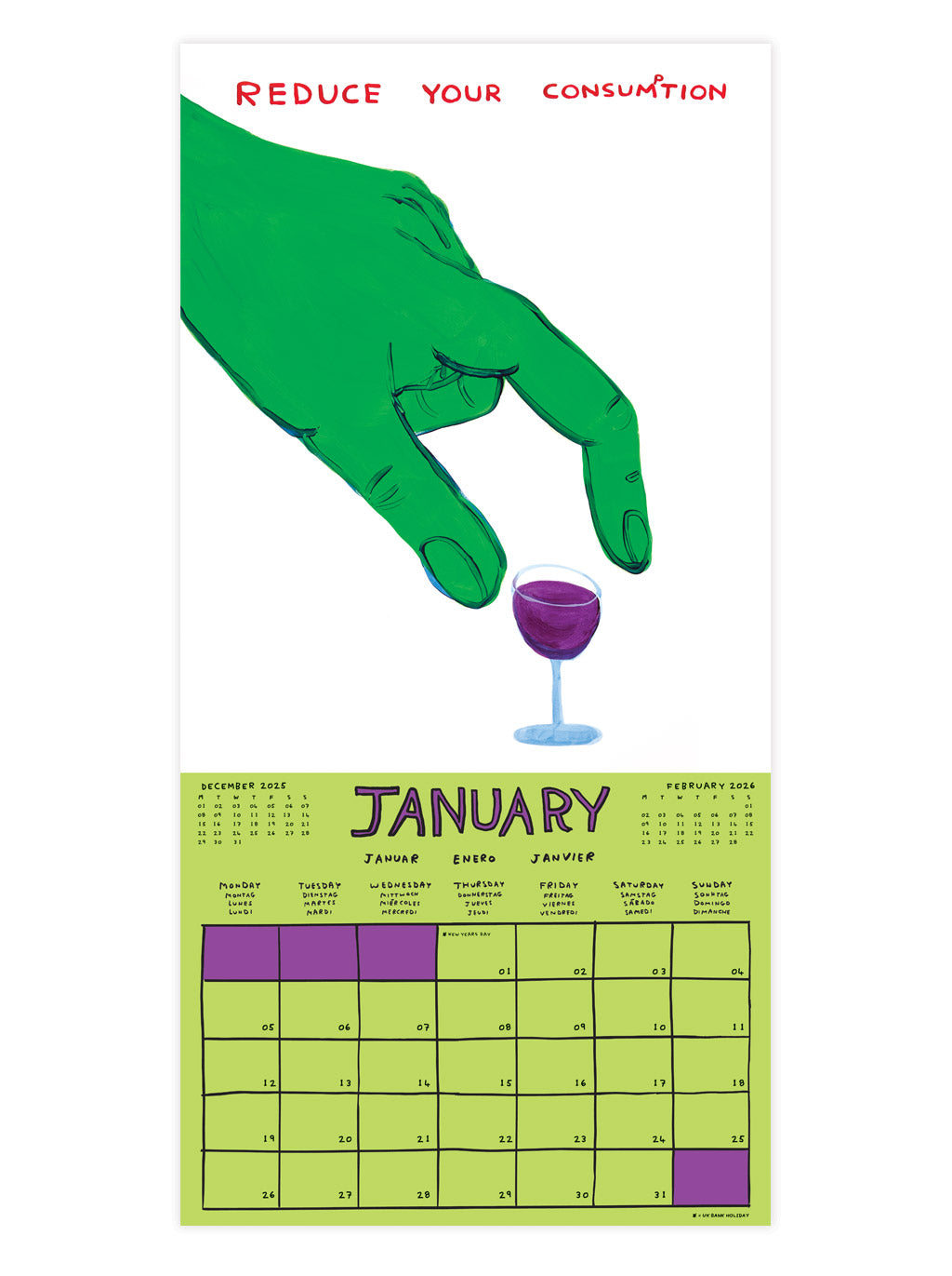 2026 David Shrigley Calendar at penny black - showing a giant hand and wine glass for january