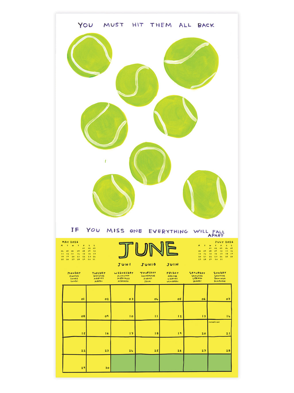 2026 David Shrigley Calendar at penny black - showing tennis balls for june