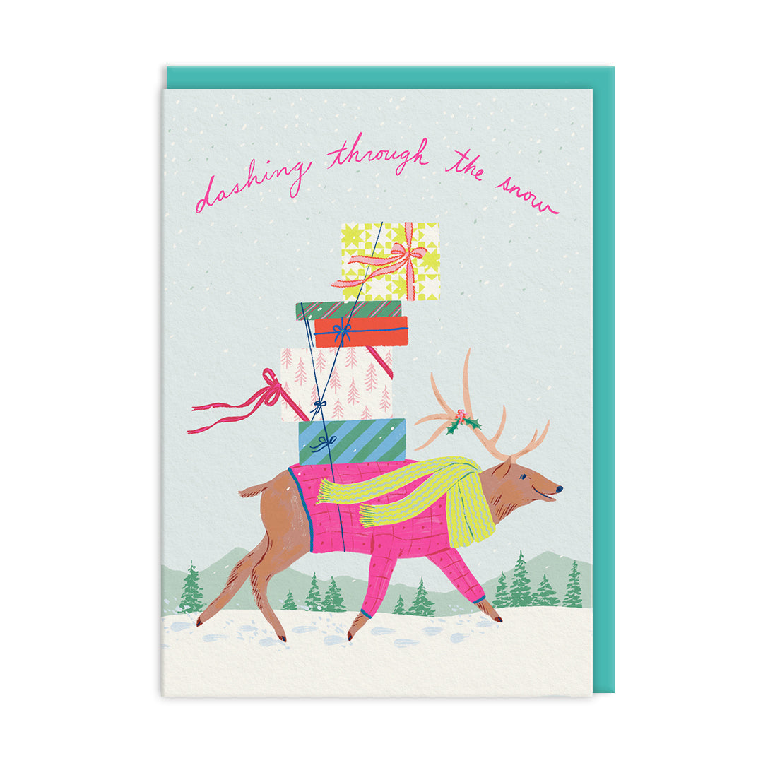 Colourful Critters Emily Taylor Christmas Card Set 9 Pack - reindeer carrying gifts design By Penny Black