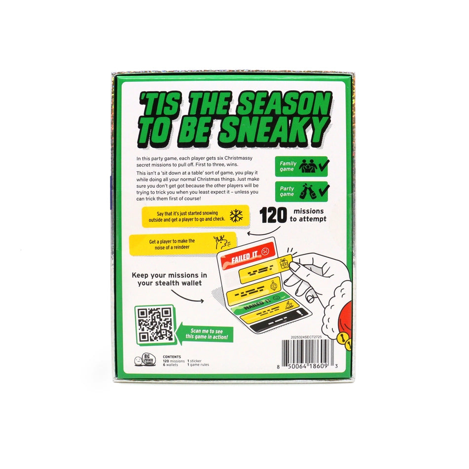 The back of the 'Tis the Season to Be Sneaky' Don't Get Got party game box, featuring green and white packaging with illustrations of game cards and a barcode on a white background.