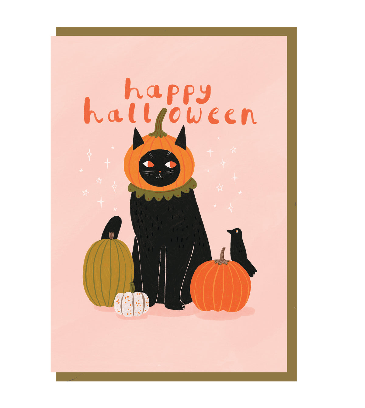 A Halloween greeting card with a soft pink front, featuring an illustration of a black cat wearing an orange pumpkin headpiece, with pumpkins and a small black bird around it and the words 'happy halloween' in orange script.