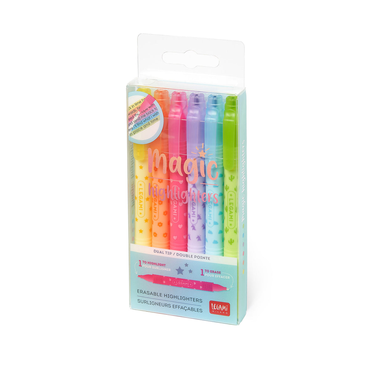 An image of the retail packaging for 6 erasable magic mini highlighters.