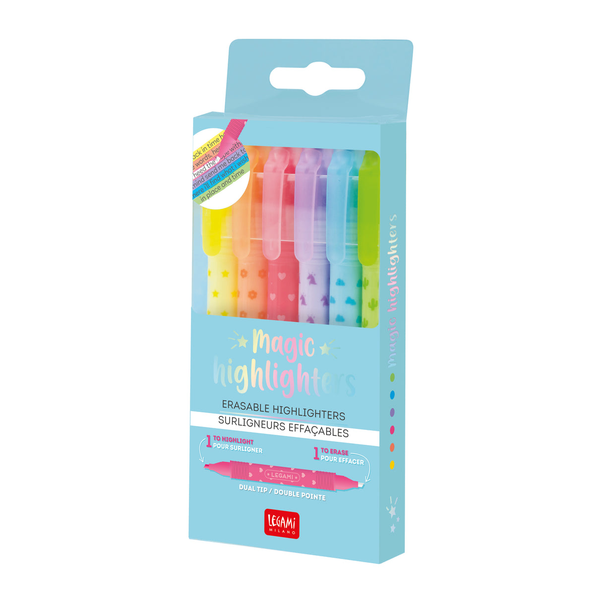 An image of the retail packaging for 6 erasable magic mini highlighters.