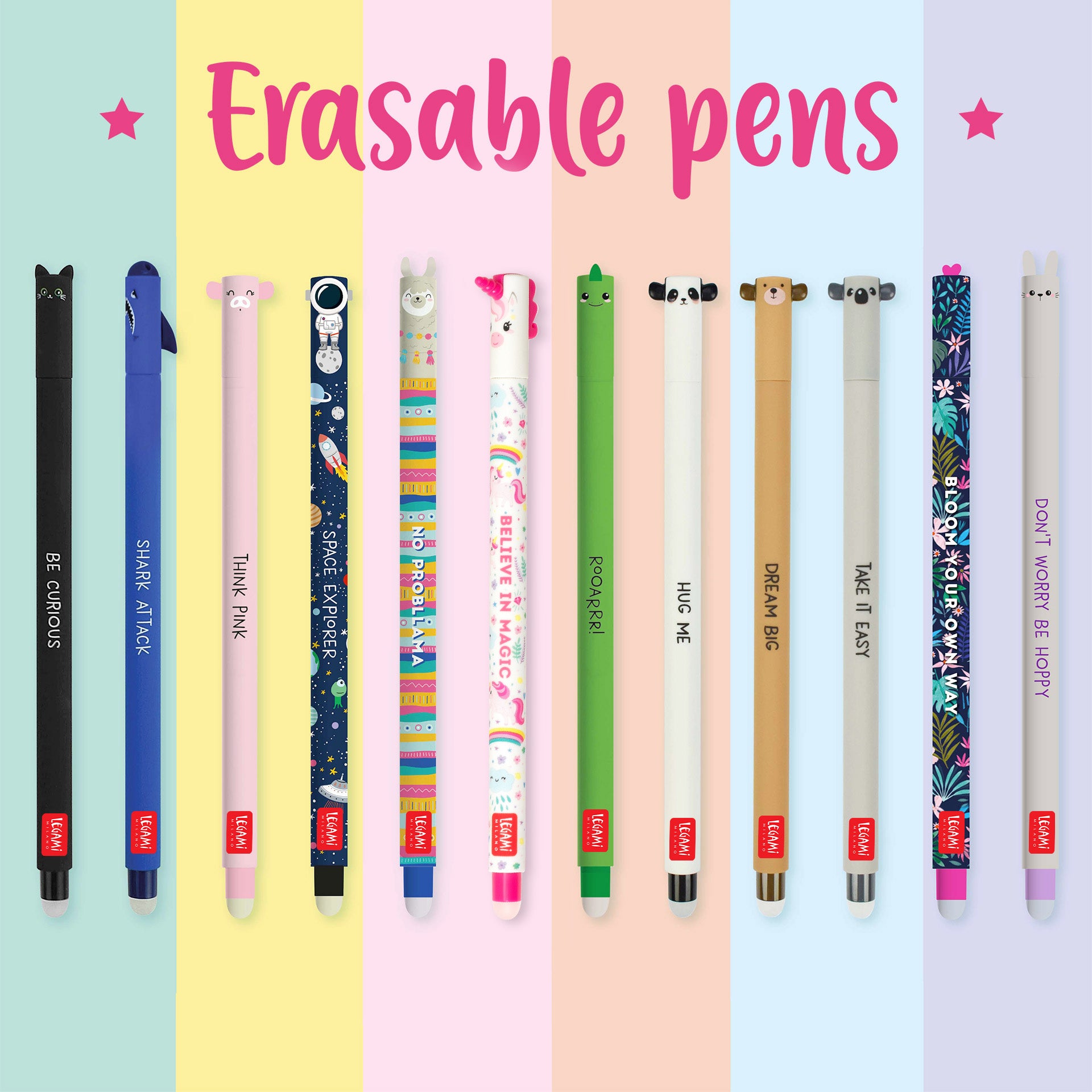 An image of assorted erasable pens that are different colours and many are animals e.g. lion, cat, rabbit,