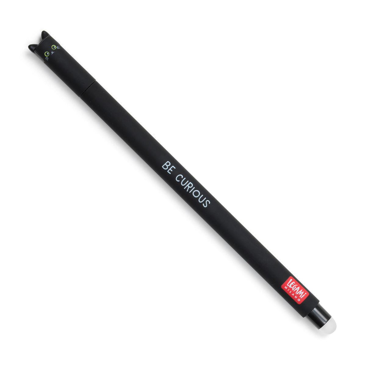 An image of a black coloured erasable pen by Legami. The cap of the pen is like the head of a cat with cat ears formed on the top. It has an erasable ball at the other end of the pen.