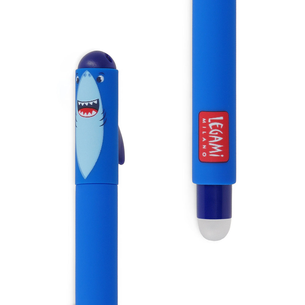 Image of an erasable pen lid and rubber in the shape of a shark.