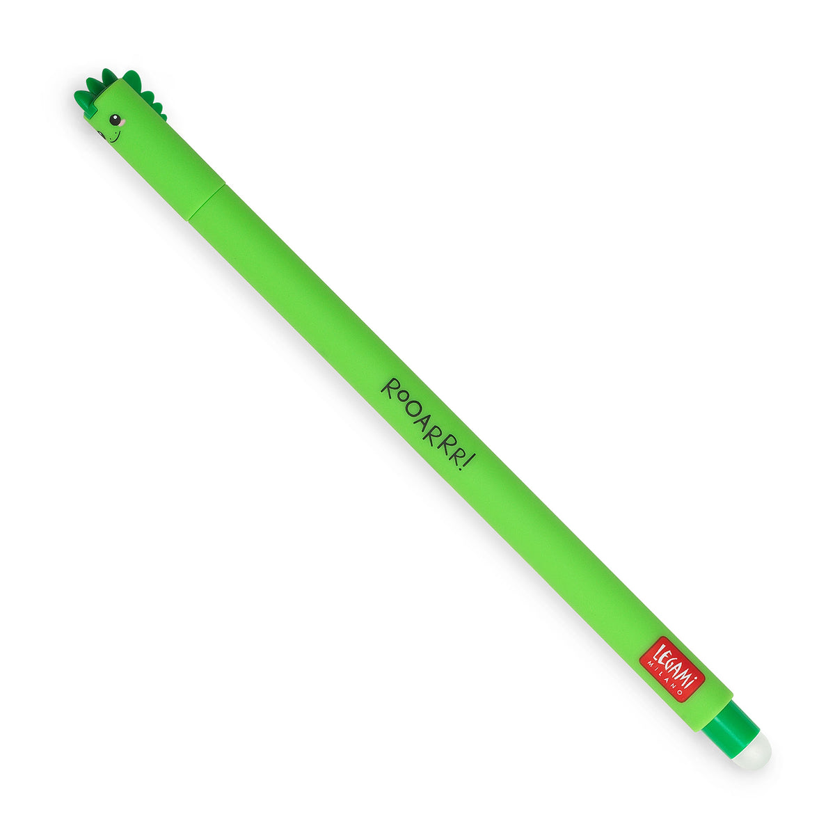An image of a green coloured erasable pen by Legami. The cap of the pen is like the head of a dinosaur with dinosaur crest formed on the top and sides. It has an erasable ball at the other end of the pen.