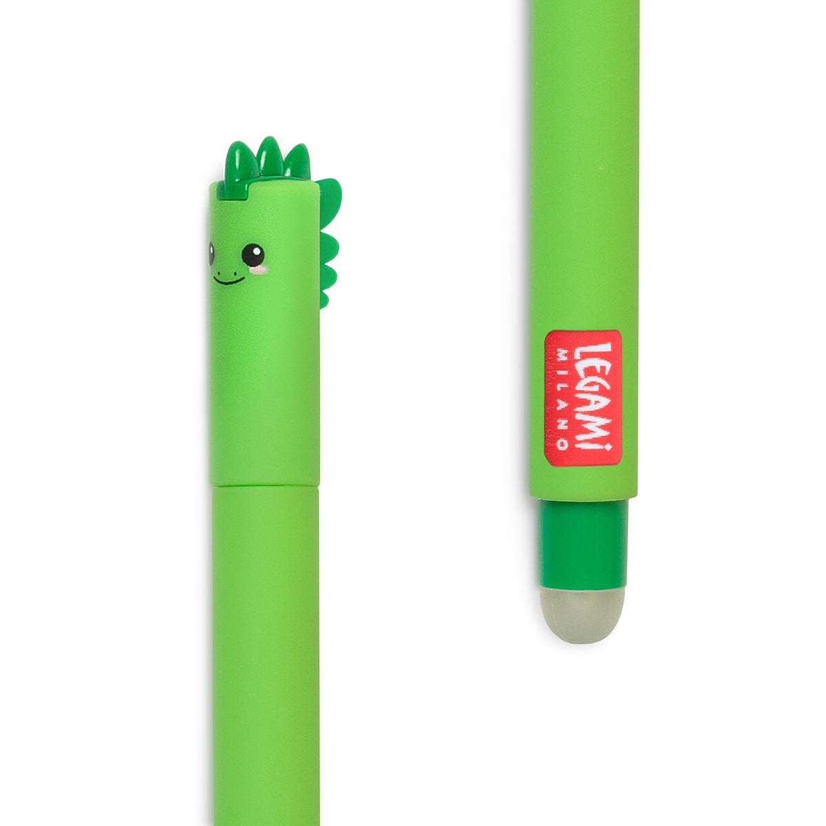 Image of an erasable pen lid and rubber in the shape of a dinosaur.