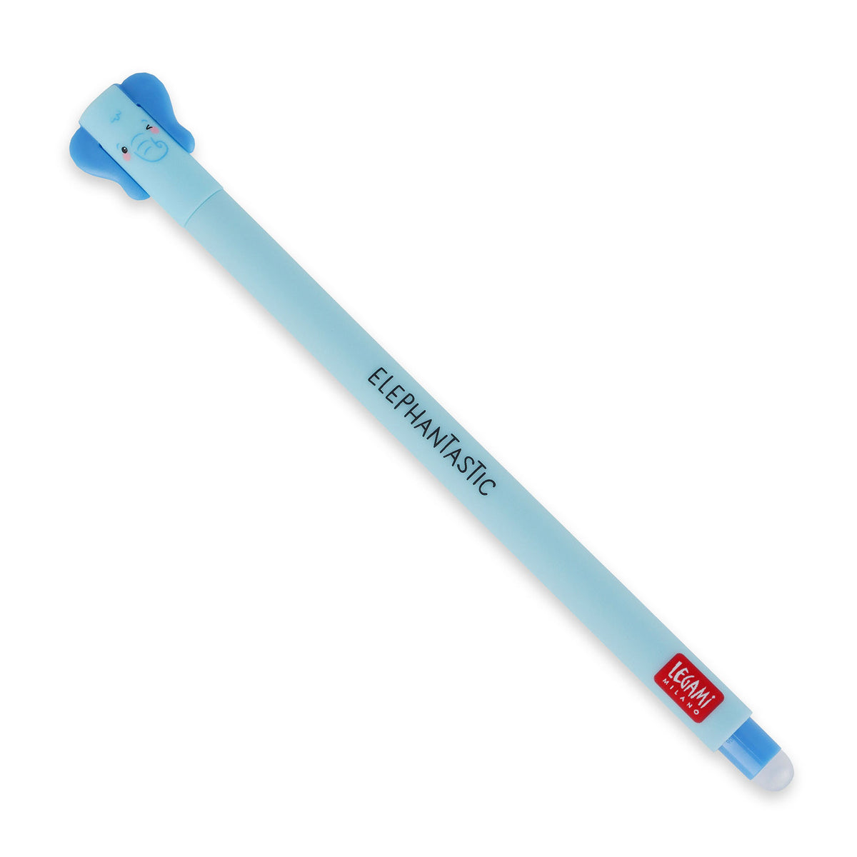 An image of a light blue coloured erasable pen by Legami. The cap of the pen is like the head of an elephant with elephant ears formed on the sides. It has an erasable ball at the other end of the pen.