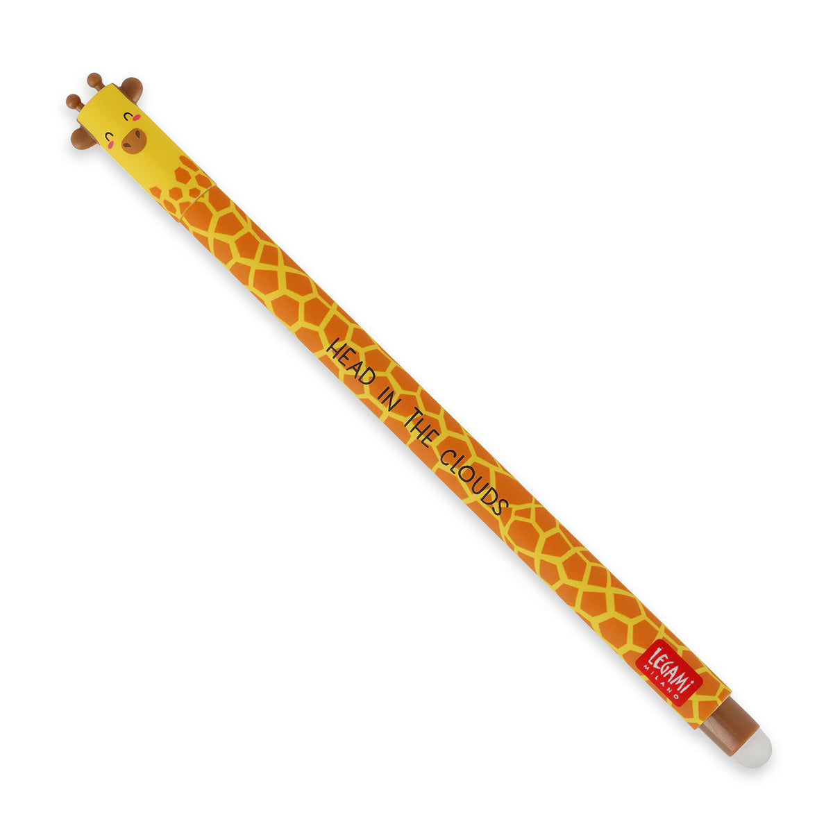 An image of a giraffe print erasable pen by Legami. The cap of the pen is like the head of a giraffe with giraffe ears formed on the top and sides. It has an erasable ball at the other end of the pen.