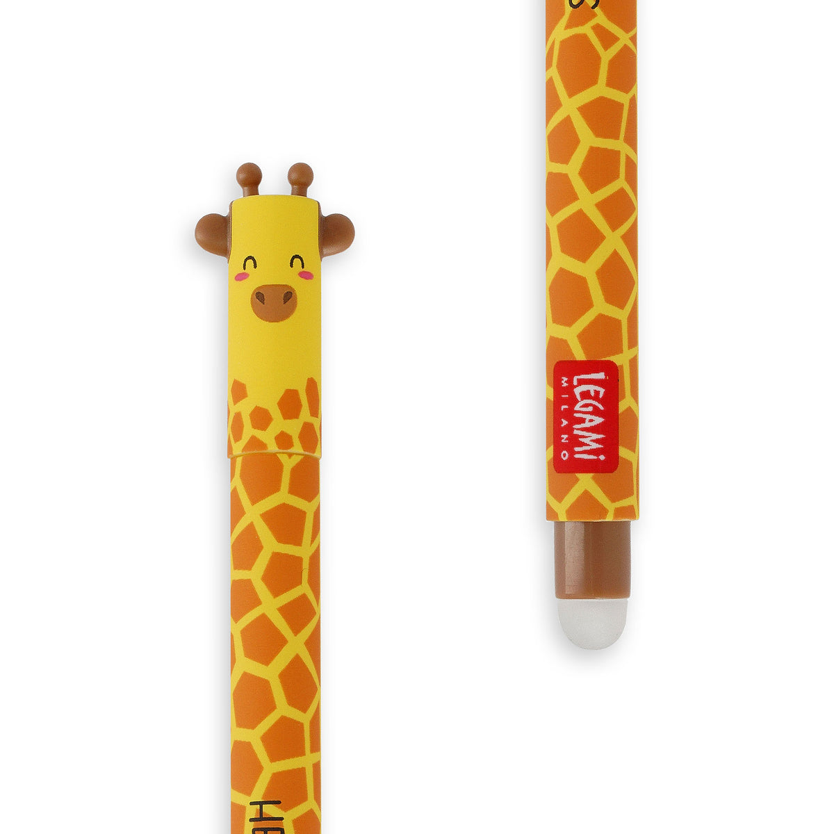 Image of an erasable pen lid and rubber in the shape of a giraffe.