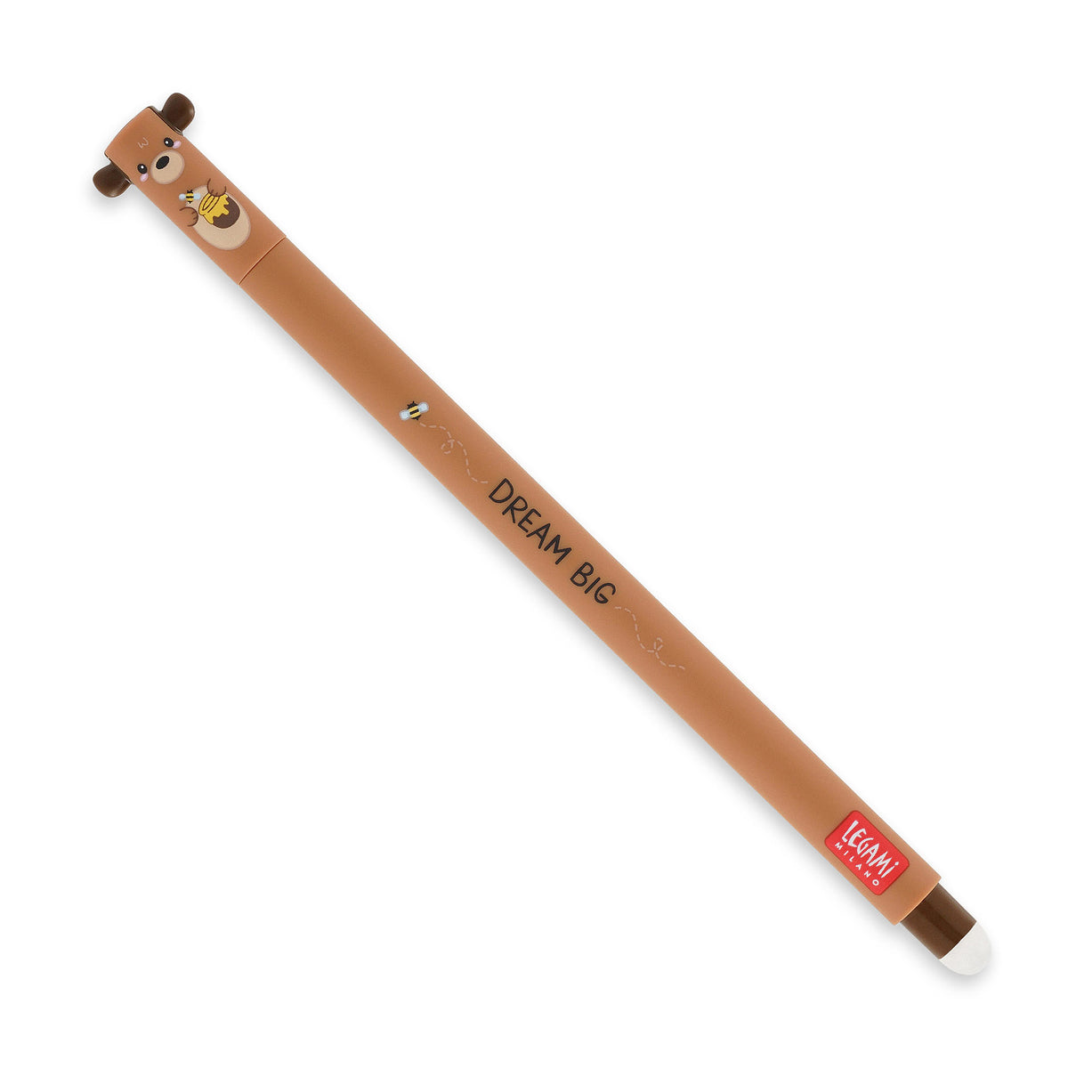 An image of a brown erasable pen by Legami. The cap of the pen has a bear shape formed on top. It has an erasable ball at the other end of the pen.