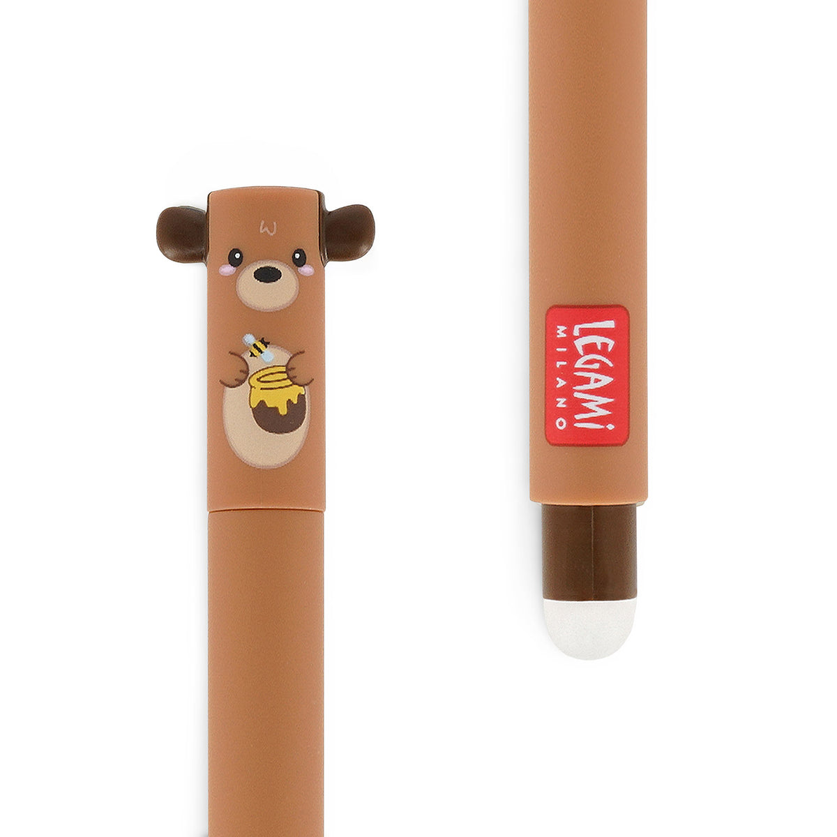 Image of an erasable pen lid and rubber in the shape of a bear with a honey pot.