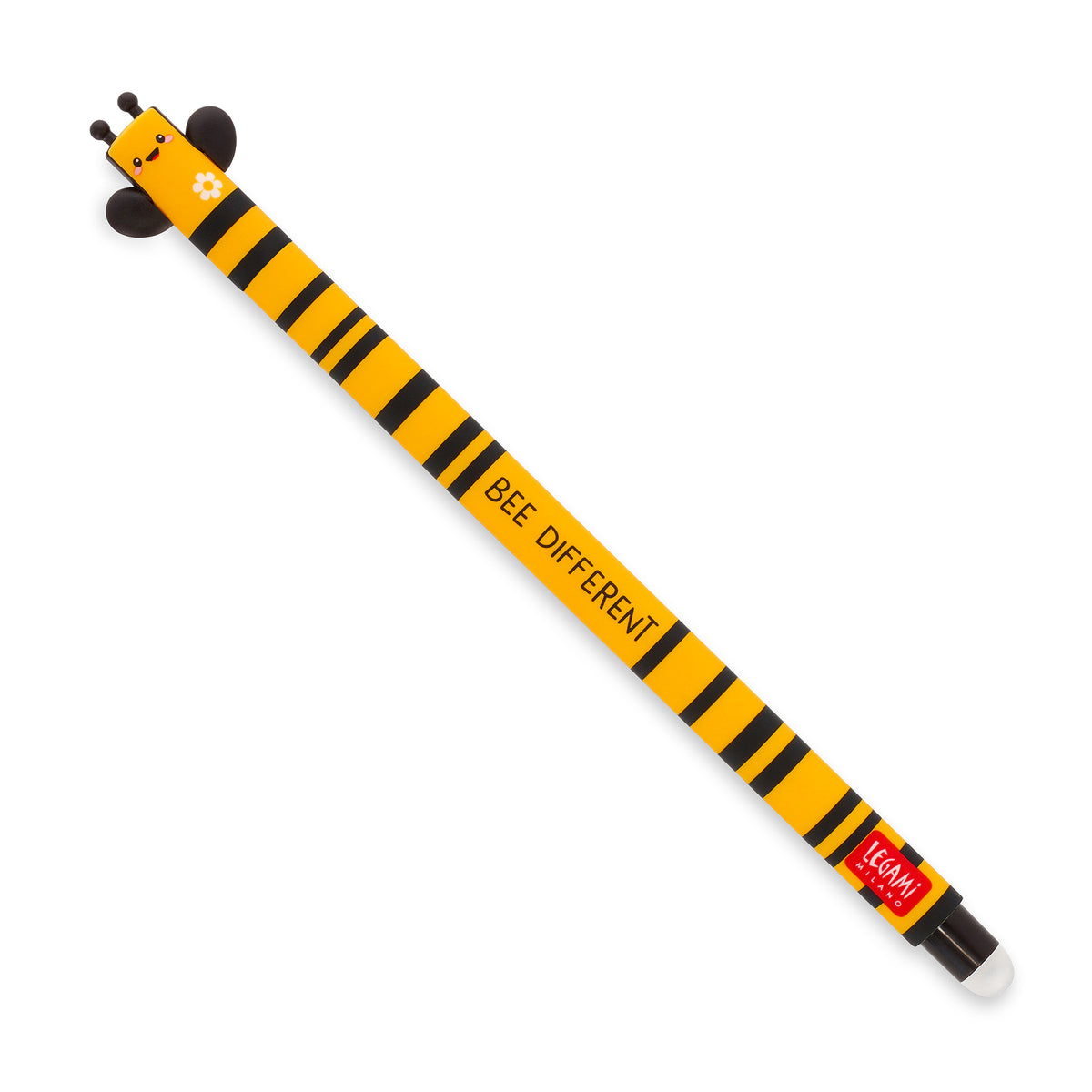 An image of a black and yellow striped erasable pen by Legami. The cap of the pen has a bee shape formed on top. It has an erasable ball at the other end of the pen.