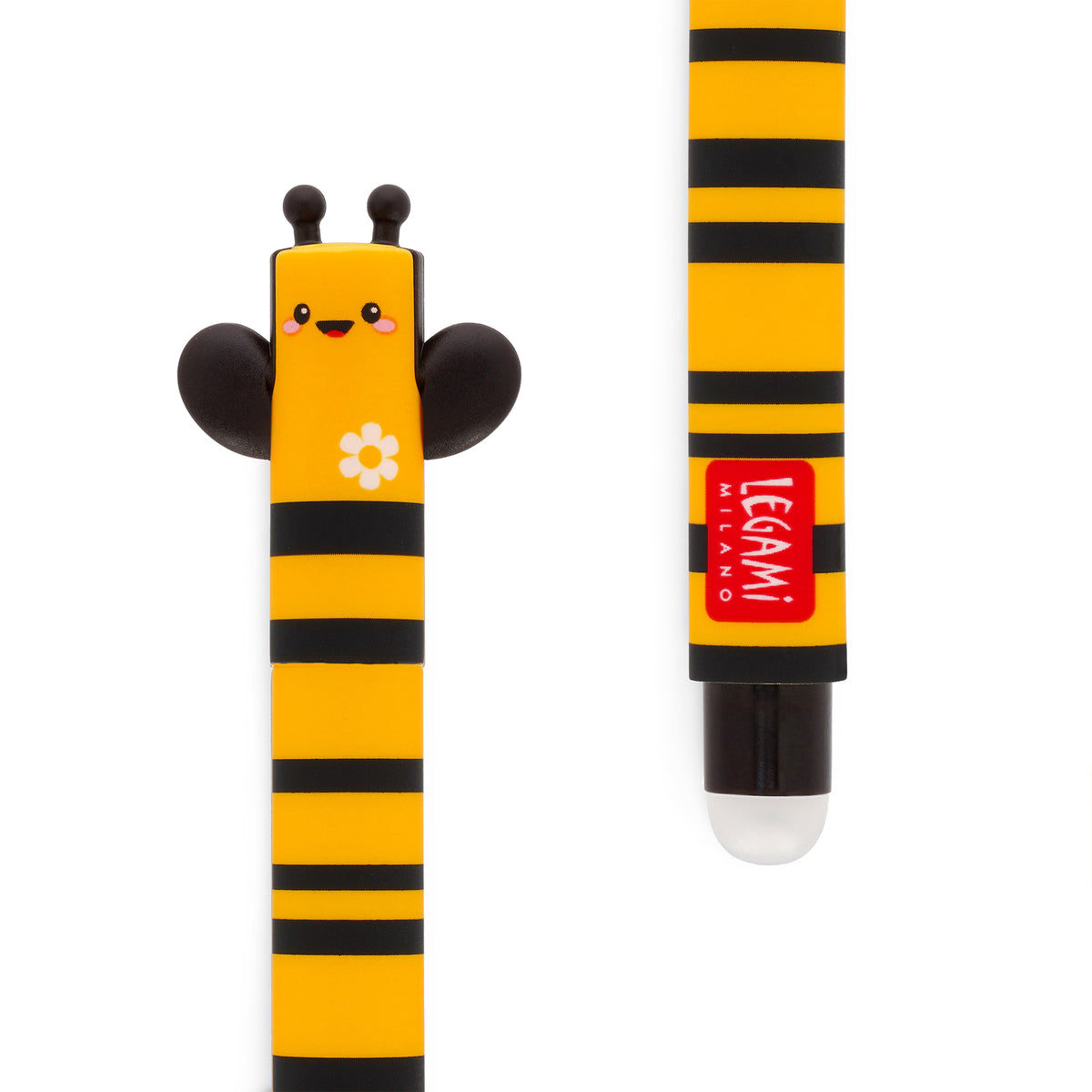 Image of an erasable pen lid and rubber in the shape of a bee.