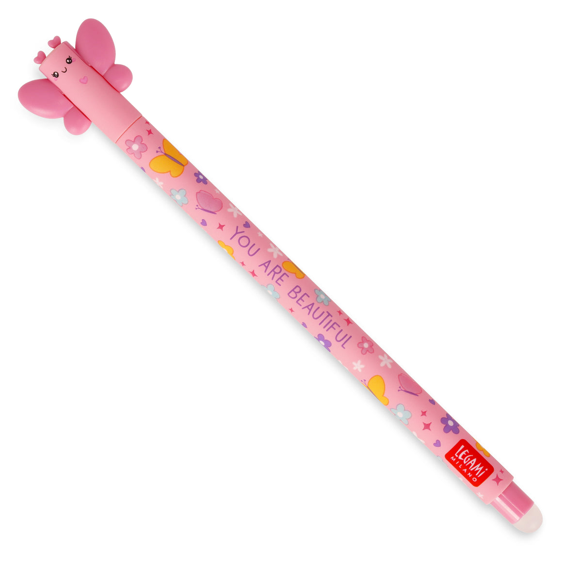 An image of a pink coloured erasable pen by Legami. The cap of the pen is butterfly shape with the wings and antenae formed on the top. It has an erasble ball at the other end of the pen.