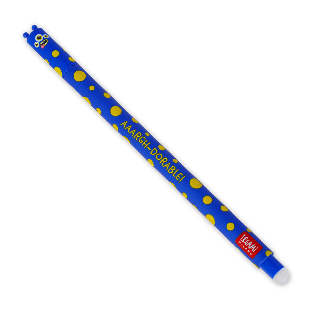 An image of a royal blue coloured erasable pen by Legami. The cap of the pen features a monster face with the antenae formed on the top. It has an erasble ball at the other end of the pen.