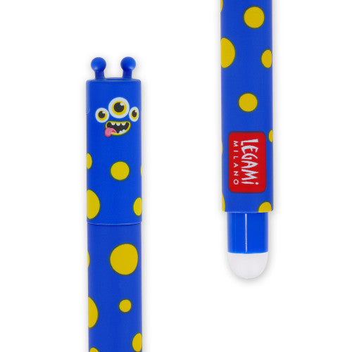 Image of an erasable pen lid and rubber in the shape of a monster.