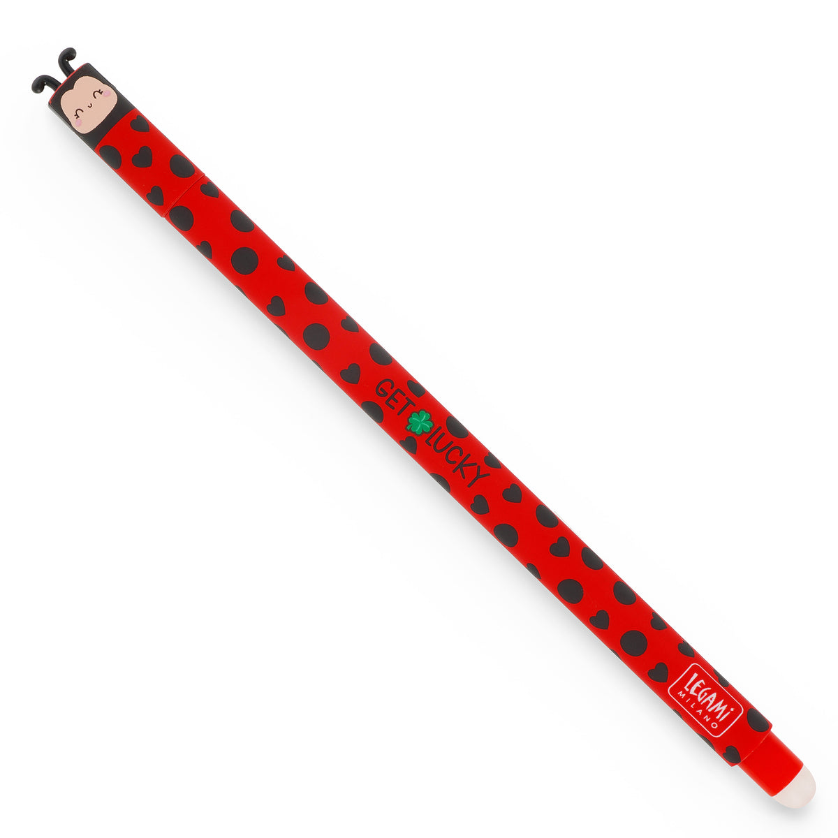 An image of a red coloured erasable pen by Legami. The cap of the pen is like the head of a ladybird with ears formed on the top. It has an erasble ball at the other end of the pen.