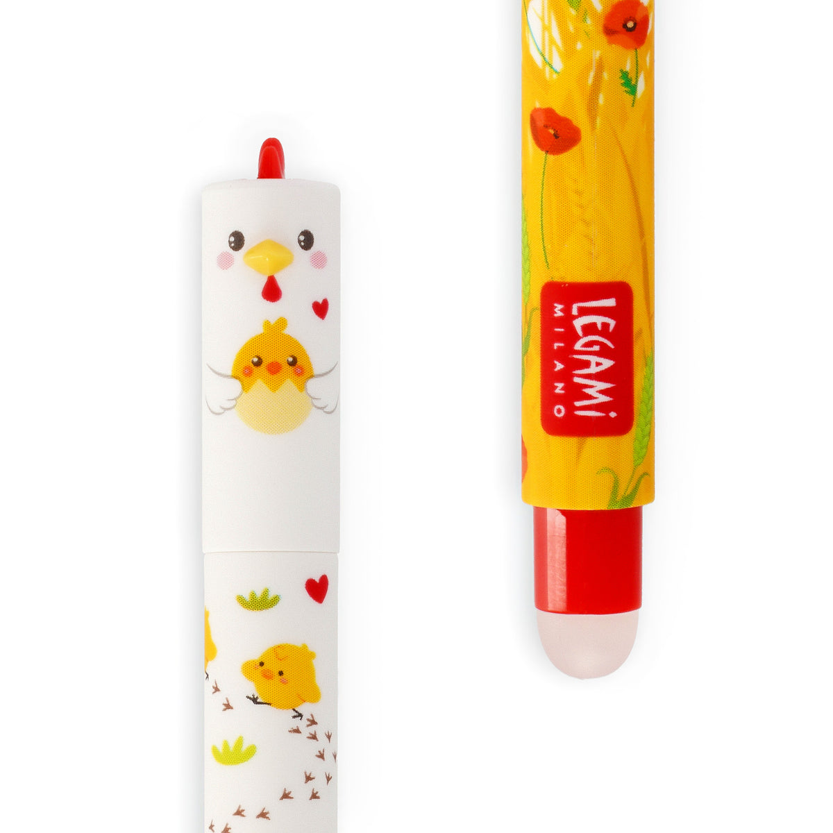 A Legami Milano erasable pen shown on a white background. The lid is white and is chicken shaped.