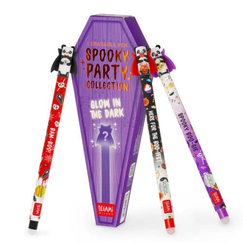 Three Halloween-themed erasable pens displayed in front of a purple coffin-shaped box labeled 'Spooky Party Collection' on a white background. The pens feature panda character lids and spooky designs.