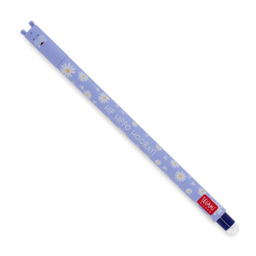 An image of a blue/lilac and daisy patterned erasable pen by Legami. The cap of the pen has a hippo shape formed on top. It has an erasable ball at the other end of the pen.