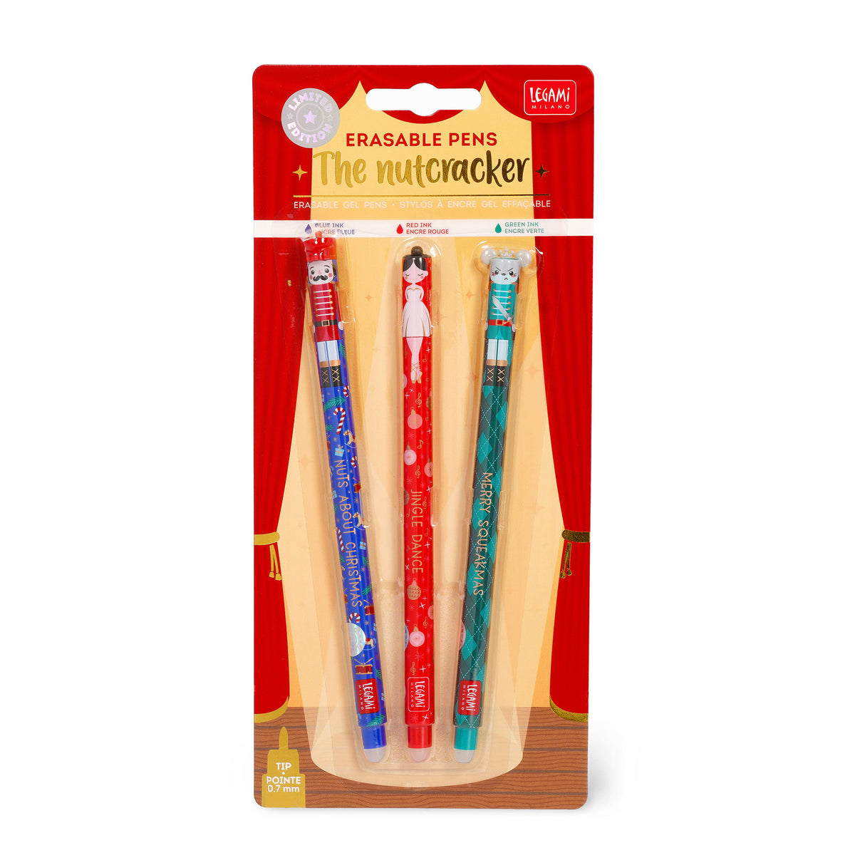 Nutcracker Erasable Gel Pens - Limited Edition Christmas 3 Pack showing 3 designs in packaging