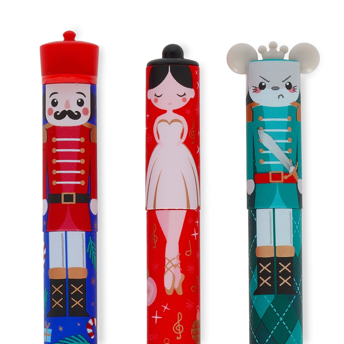 Nutcracker Erasable Gel Pens - Limited Edition Christmas 3 Pack showing 3 design toppers