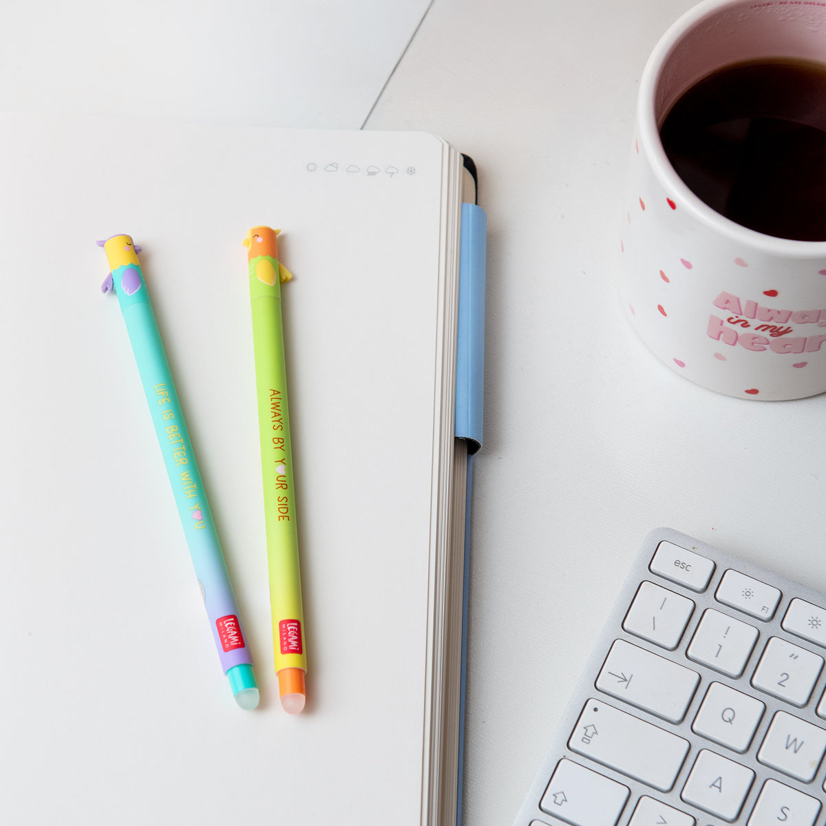 Lovebirds Erasable Gel Pen Set - 2 Pack by penny black shown on a desk